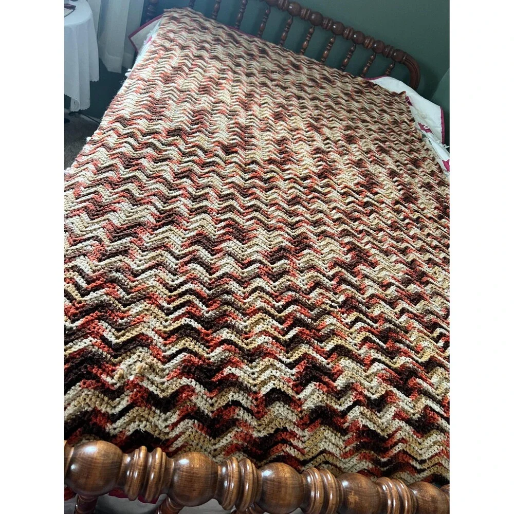 70s Style Chevron Stripe Hand Crocheted Afghan Blanket – Brown, Tan, Beige, Oran